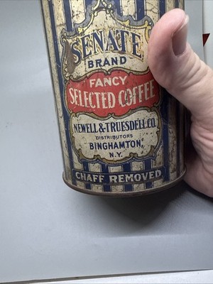 Vintage Senate Brand Coffee Tin Can 1 lb. Newell & Truesdell Co., Binghamton, NY