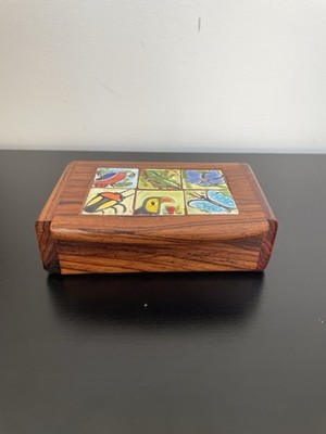 Vintage Wooden Trinket Box W/ Handpainted Tile Inlay