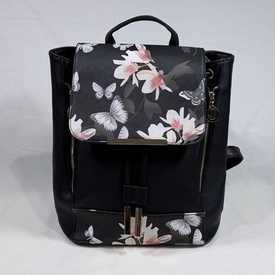 Wink Kangaroo Butterfly Floral Backpack Purse Black Vegan Leather Travel Bag