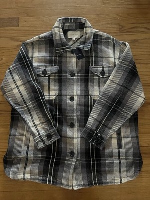Lucky Brand Women s Beige & Black Buffalo Plaid Oversized Shirt Flannel Medium