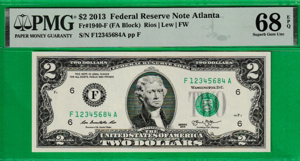 $2  TWO DOLLAR Federal Reserve note LADDER Serial Numbers 1-2-3-4-5-6-8-4 PMG 68 - Image 2 of 3