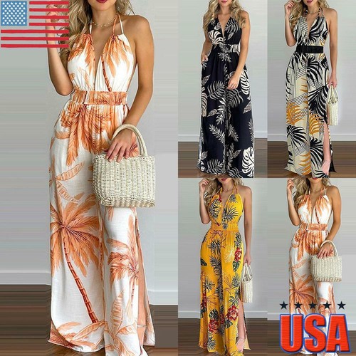 US Womens Boho Floral V Neck Jumpsuit 