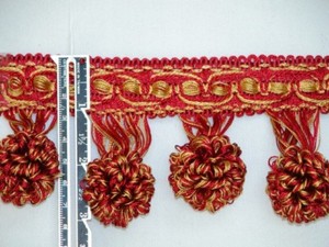 4 Yards - 3" Unique Tassel Ball Fringe Trim Red Burgundy Gold