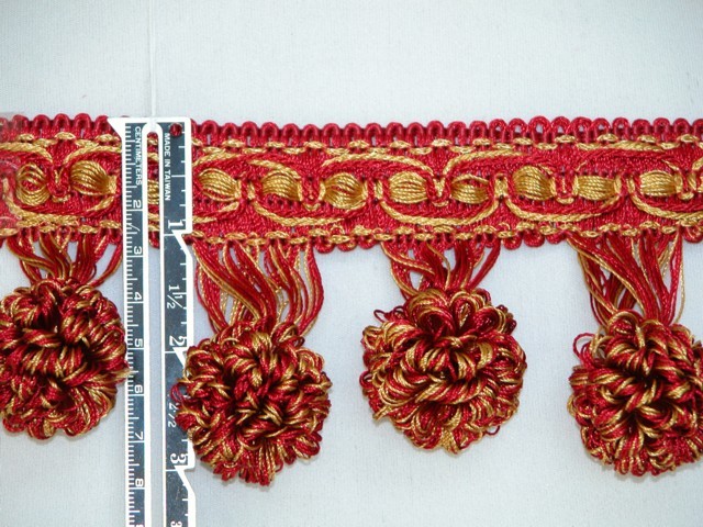 4 Yards - 3" Unique Tassel Ball Fringe Trim Red Burgundy Gold