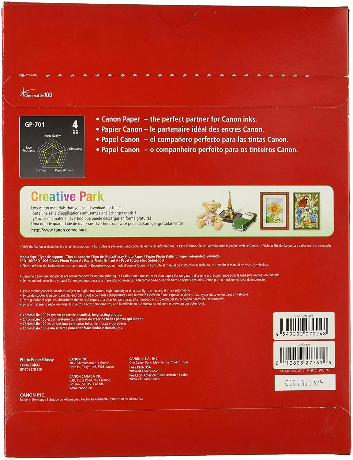 Canon Inkjet Glossy Photo Paper, Size 8.5" x 11", 100 Sheets