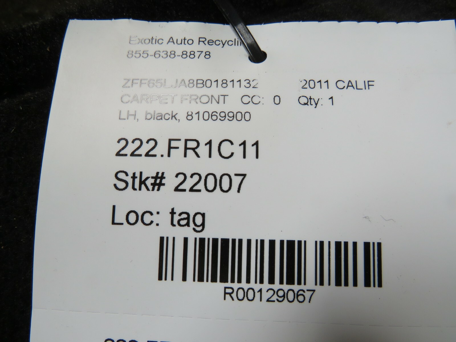 Ferrari California, LH, Left, Carpet Front, Black, Used, P/N 81069900