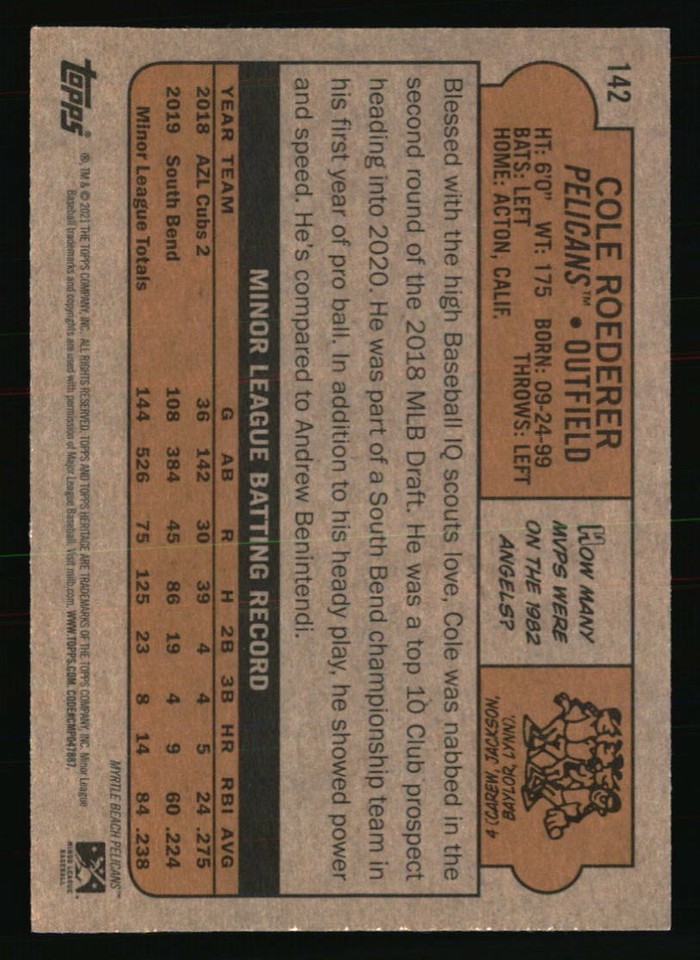 Cole Roederer 2021 Topps Heritage Minor League 142 BASEBALL Card eBay