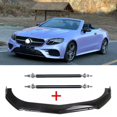 For Mercedes-Benz E200 E300 E450 Front Bumper Lip Spoiler + Strut Rods Black