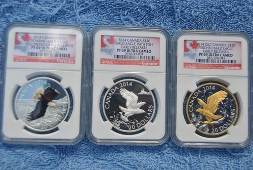 2014, $20, Canada, 3 coin Bald Eagle set, NGC, PF69UC, Early Releases