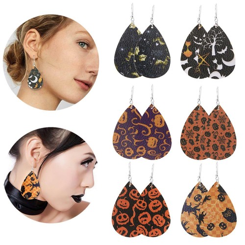 Halloween Women Teardrop Leather Pumpkin Earrings Ear Hook Dangle Drop Jewelry