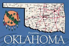 Oklahoma, OK City, Tulsa, Clinton, Hugo etc., Peace Pipe ---  State Map Postcard