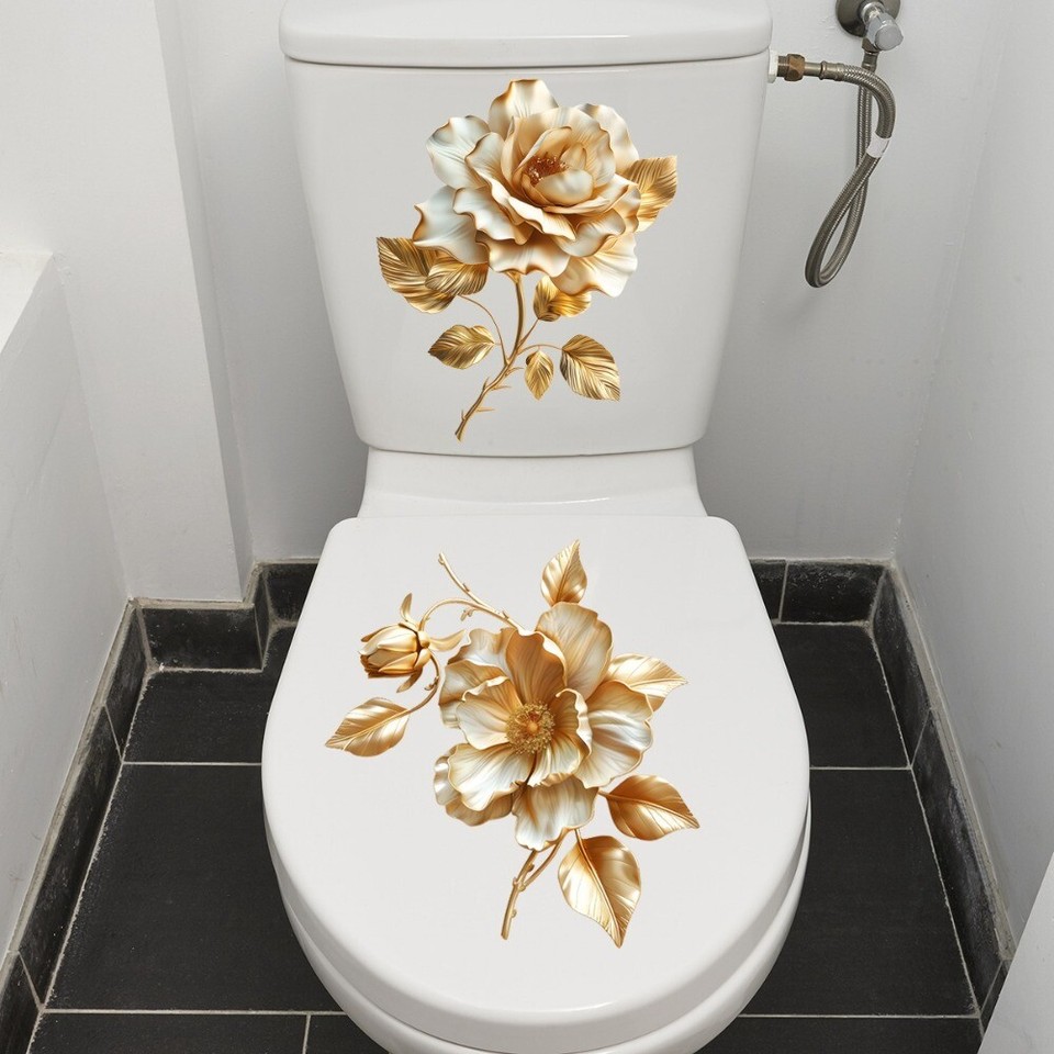 1 Sheet Golden Flower Toilet Sticker Beautiful Wall Sticker Bathroom