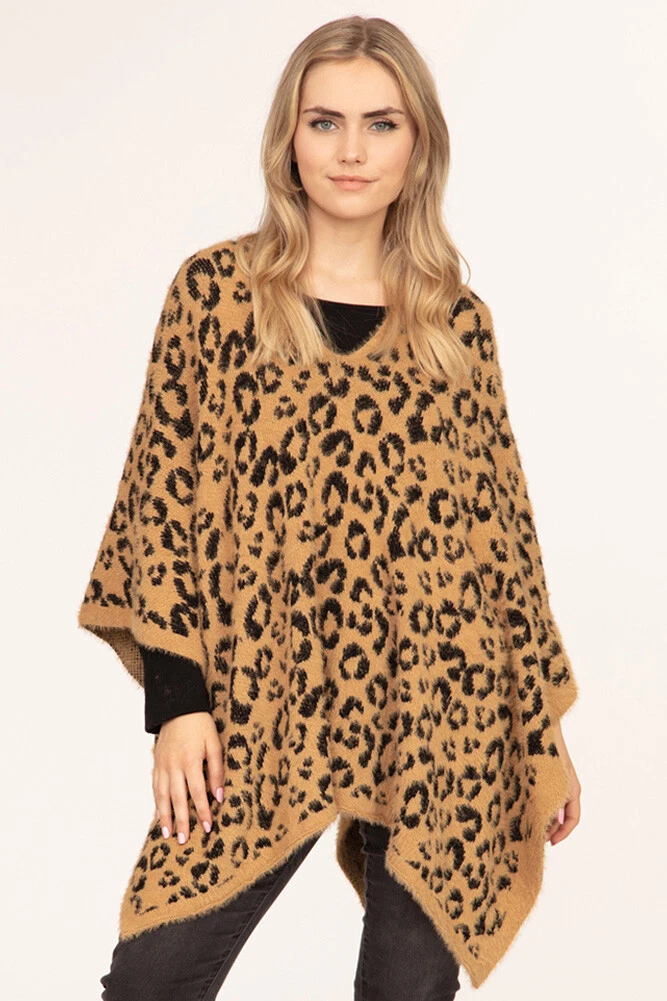 Anthropologie Style Boho Leopard Animal Print Poncho Ruana Shawl Cardigan