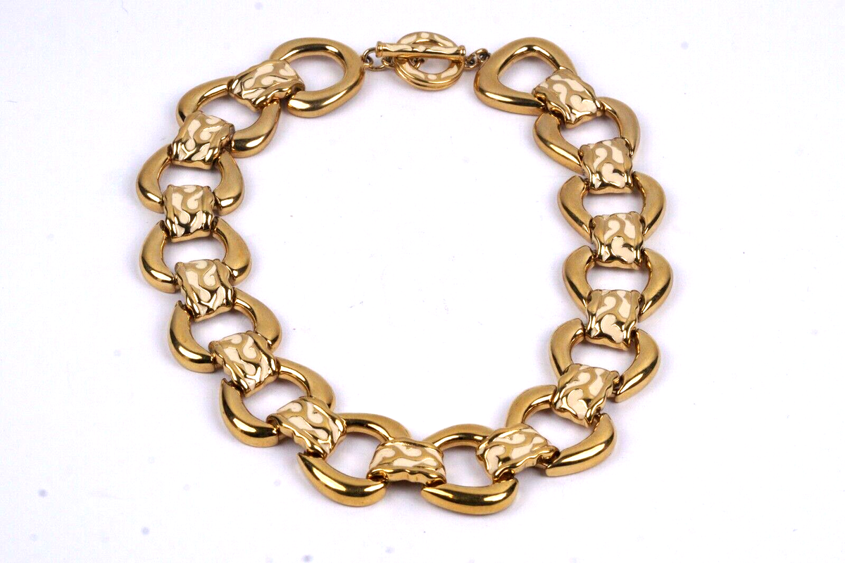 Vintage Givenchy Gold Cream Enameled Chain Bracelet & 18