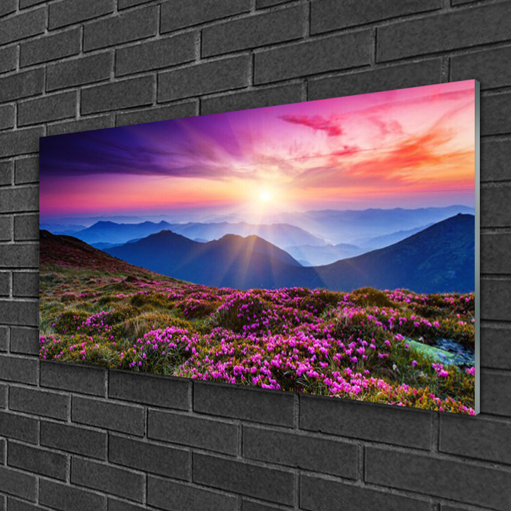 Tableau sur verre paysage pour illuminer un mur sombre avec des montagnes ensoleillées
