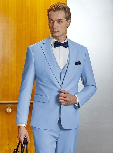 Wulful Men's Suit Slim Fit Light Blue 3 Piece L 42R 36W Notch Lapel 1 Button - Picture 3 of 6