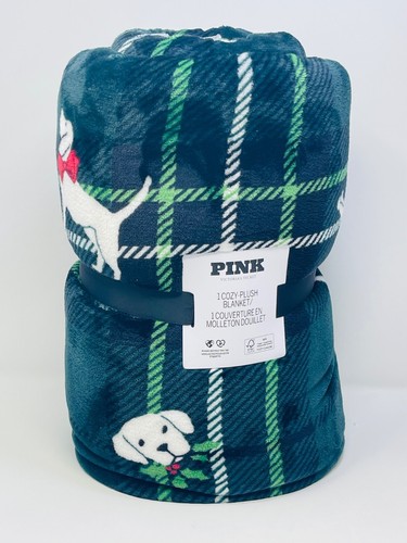 VICTORIA'S SECRET PINK SHERPA SOFT COZY BLANKET BLACK GREEN DOG PRINT 50X60 - Picture 2 of 6