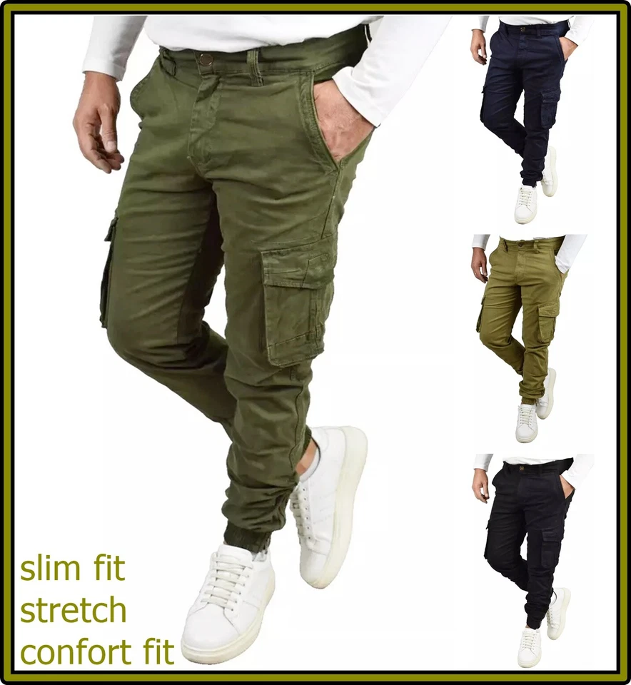 Pantaloni Cargo Uomo Slim Con Tasche Laterali Tasconi Cotone Invernali Blu 46 48 - Immagine 4 di 4