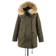 Maje Gaston Kaki Military Green Fur Trim Hooded Quilted Pea Coat 36 Small Jacket