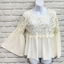 Bohemian Crochet Floral Sheer Lace Blouse S Bell Sleeves Fairy Cottage Tunic Top