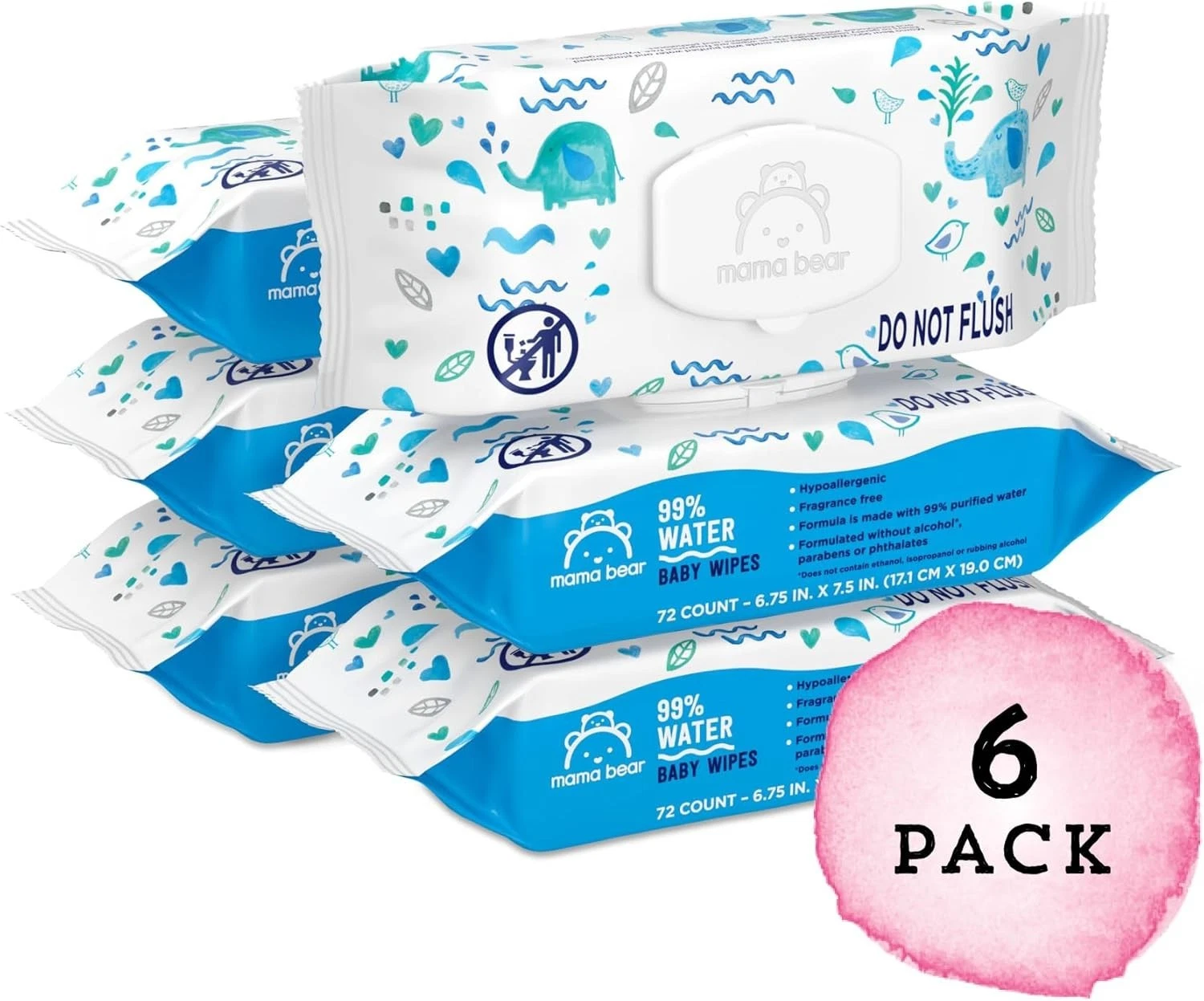 Mama Bear 99% Water Baby Wipes, 72 Count (Pack of 6), White