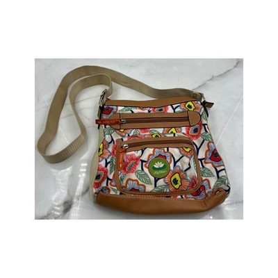 Lily Bloom Floral Canvas Crossbody Bag Tan Trim Multicolored Eco Friendly Purse