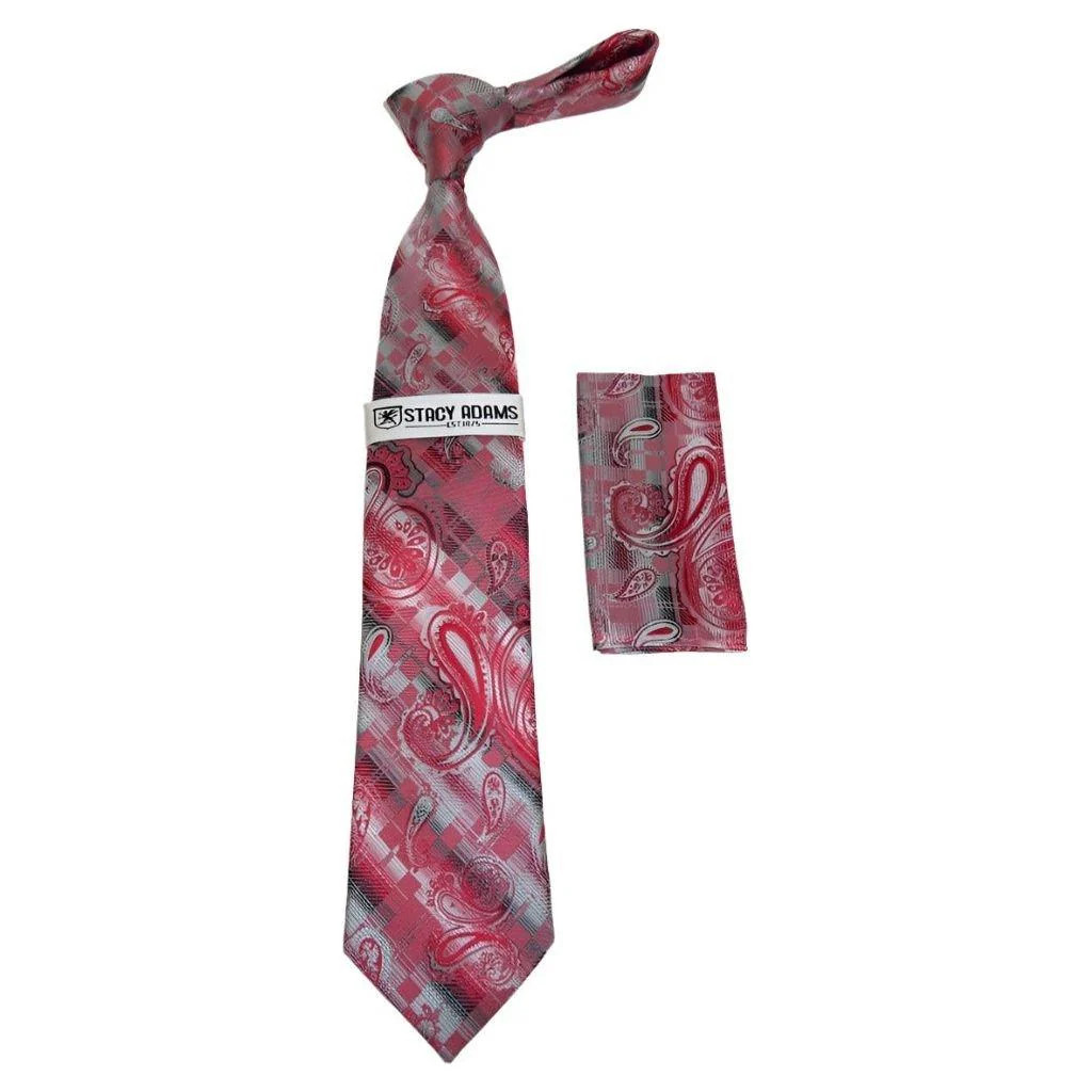 Mens Stacy Adams Necktie and Hankie Set Fancy Design Silky Look SAT44 Red 6090₽
