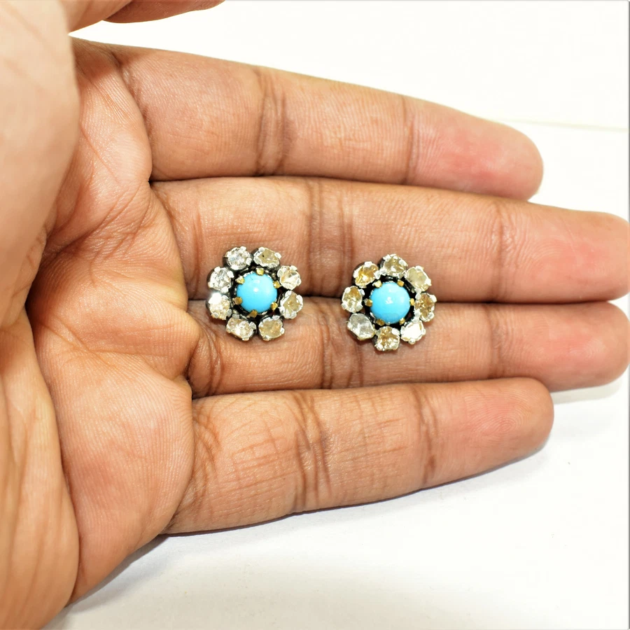 Polki Diamond Earrings With Turquoise 925 Sterling Silver Victorian Jewelry - Image 4 of 4