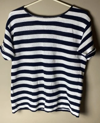 Anne Taylor Chunky Cable Knit Button Back Sweater Size Small Blue White Striped - Image 1 of 4