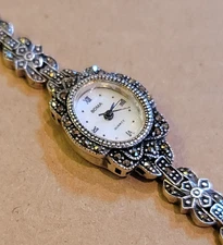 Vintage BOMA Women Art Deco Style Watch Marcasite .925 Silver Clasp New Battery