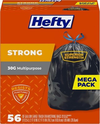 Hefty Strong Large Trash Bags, Durable Drawstring Enclosure 30 Gallon, 56 Count
