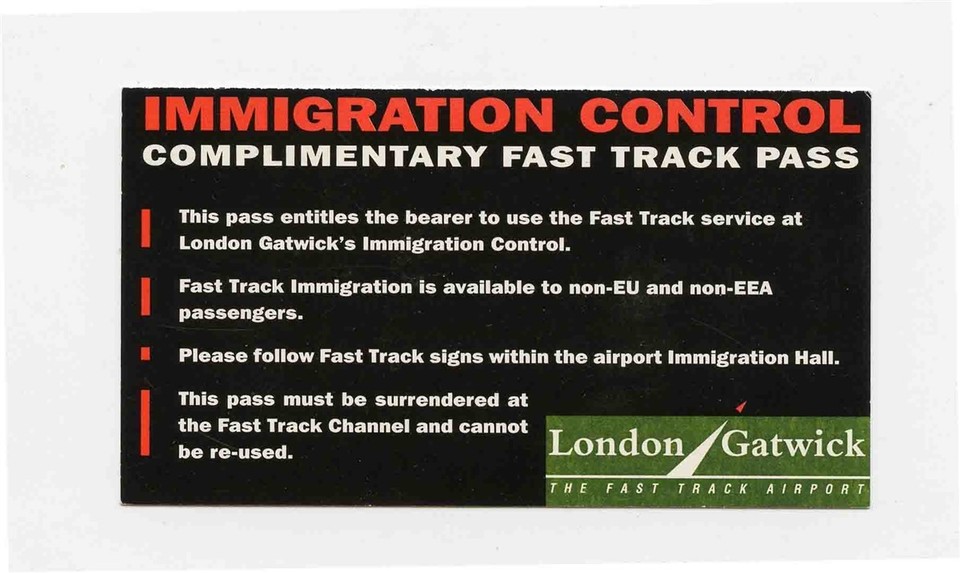 Complimentary Fast Track Card Immigration Center London Gatwick Airport ...