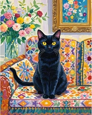 Cat Paint by Numbers Kit for Adults Beginner, Black Cat Adult Paint by Number Ki