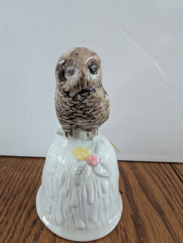 Vintage Brown Owl Bell 1980s Cottage Core Shelf Decor Porcelain 4.5" White