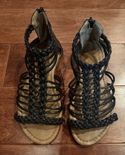 Black Strappy Flat Sandals Sz 8 Zipper Back