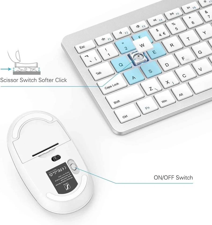 Seenda SK38-3 Rechargeable Wireless Keyboard & Mouse, Ultra Slim Quiet, Silver - Image 4 of 4