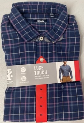 IZOD Mens Luxe Touch Long Sleeve Plaid Button Up Shirt BLUE/PURPLE MEDIUM New