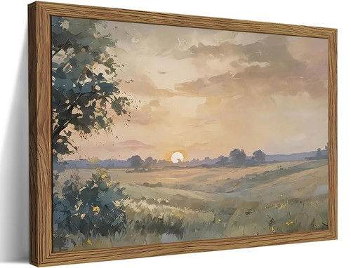 Wood Framed Vintage Wall Art, Small Fall Nature Sunset Landscape Canvas Wall ...