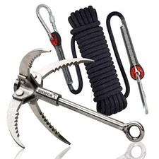 Grappling Hook w/10m Rope, 2 Locking carabiners, 4 Stainless Steel Folding Claws