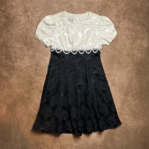 Jessica McClintock Girls Black & White Puff Sleeve Midi Dress Floral Brocade 90s - Picture 7 of 7