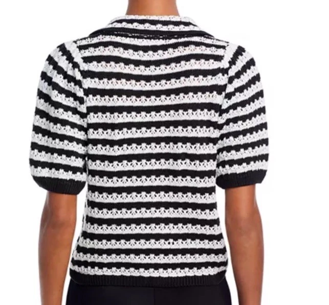 Aqua Pointelle Short Sleeve Button Up Sweater Top Black White Stripes Size S - Image 2 of 4