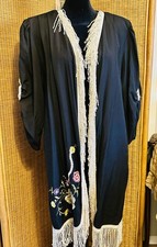 VTG  Lacy After Noon  Duster/Kimono Roomy Size M Fringe Embroidered Beaded BOHO