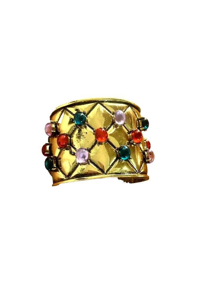 Vtg Runway Gold Plated Red Green Purple Glass Quilted High-end Cuff 100 grams - Image 2 of 3