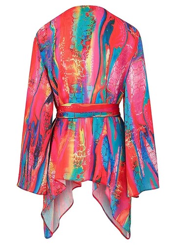 Size 12 - Julien Macdonald Print Stud Detail Belted Kimono Sleeve Satin Top - Picture 4 of 7