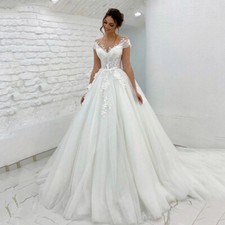 V-Neck Tulle Wedding Dresses Wide Shoulder Button Backless Princess Bridal Gowns