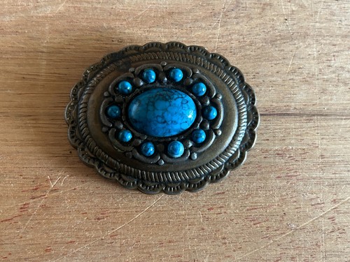 Belt Buckle Faux Turquoise Brass Tone Southwestern Concho Style Western Vtg - Picture 21 of 21