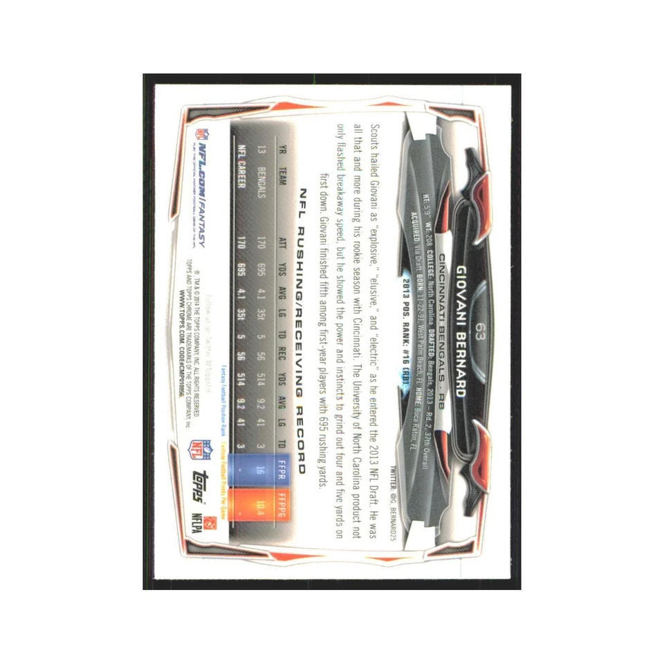 2014 Topps Chrome Giovani Bernard Bengals #63 - Image 2 of 3