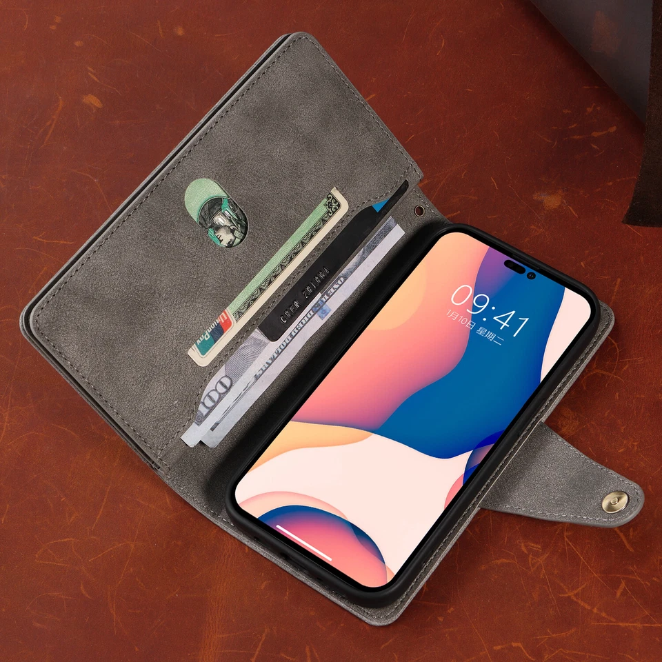 For iPhone 17 11 12 13 Pro 14 XR 7 8 SE Zip Wallet Case Leather Flip Phone Cover - Image 4 of 4