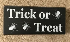 Halloween Black Wooden Sign Trick Or Treat Spiders Glitter by Sixtrees ltd new
