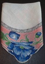 Vintage Damska chusteczka Hanky Blue Flowers Pink Border Ręcznie walcowana obszywka